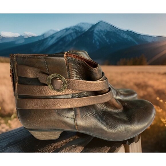 Taos Womens Sz 7.5 Bolero Ankle Boot Bootie Brown Leather 3 Bronze Straps Buckle - Picture 1 of 5